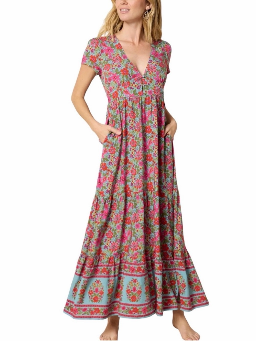 NATURAL LIFE Evangeline Floral Maxi Dress Large NWT Pink Aqua Blue